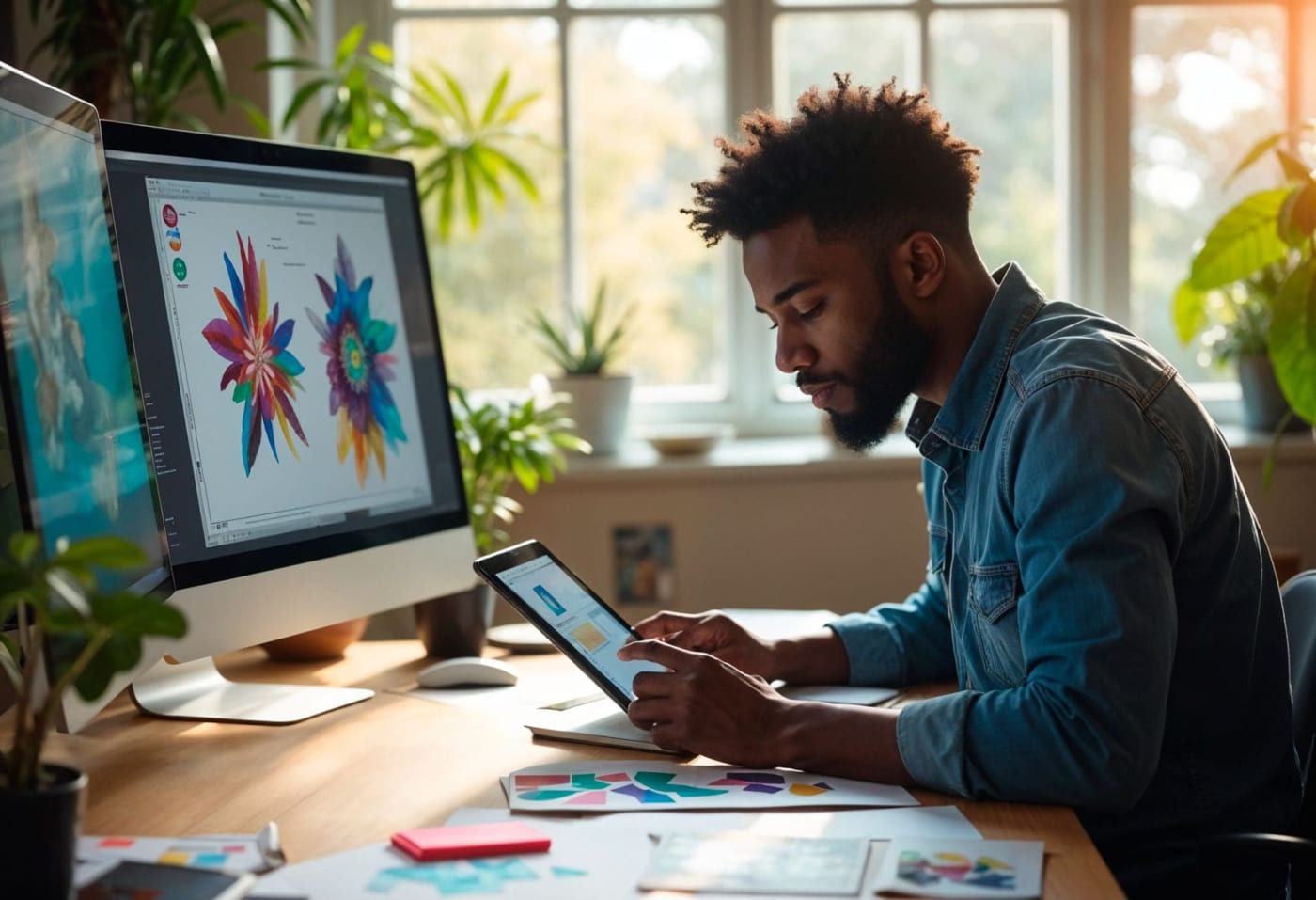 Side view of a man working on a graphics design project
